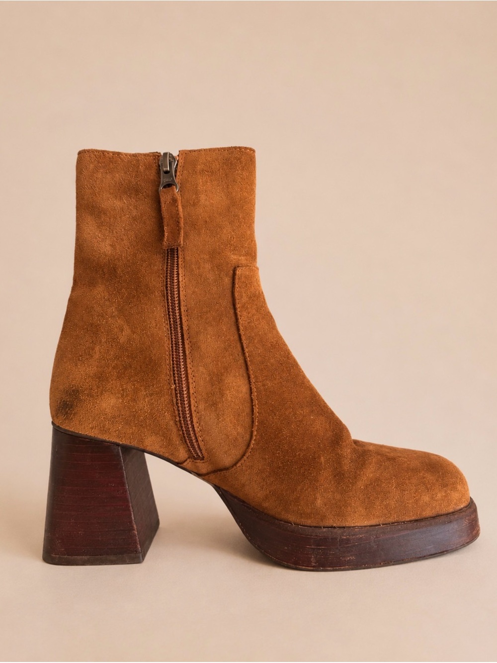 L’INTERVALLE Chestnut Brown Suede Platform Block Heel Ankle Boots 38 / US 7.5-8 - Picture 8 of 17